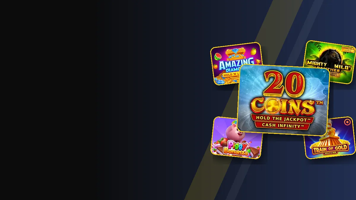 Playbaze métodos de pago: portada de 20 Coins con Amazing Diamonds, Piggy Bonanza y Train of Gold